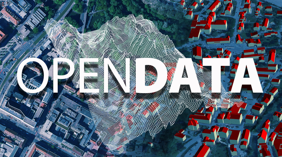 Bildzusammenstellung aus Luftbild, 3D-Gittermodell und Lod2-Häuser mit dem Schriftzug OPENDATA